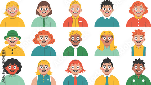 Cute cartoon children avatar set. Diverse kid faces with different hairstyles and outfits. Flat vector character portraits for education, apps, games, and UI design.