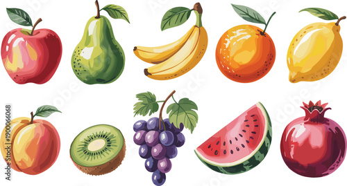 Fresh fruits vector illustration set. Apple, pear, banana, citrus and berries. Colorful healthy fruit icons collection for nutrition, grocery and food design.