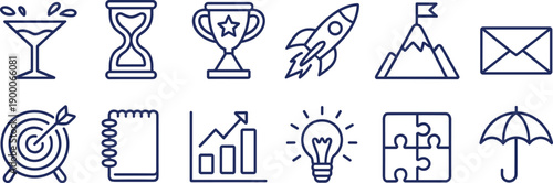 Minimal line icon collection for business concepts. Goals, strategy, growth and achievement symbols included. Clean outline vector set for presentations and web interfaces.