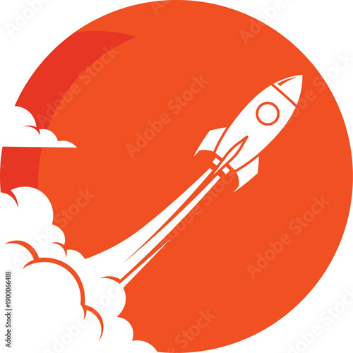 White rocket ship ascends with smoke trails against a vibrant orange circle background spaceship