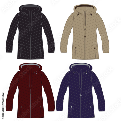 Standing Collar Winter Coat Technical Fashion Illustration. Quilted Puffer Jacket Vector Template. Cropped Silhouette. Horizontal Quilting. Welt Pockets. Relaxed Fit. Unisex Outerwear. CAD Mockup set.