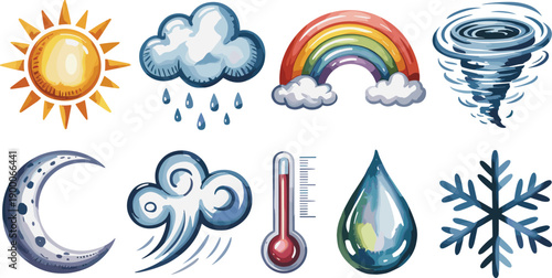 Weather elements cartoon icon set. Sun, cloud, rain, wind and temperature symbols. Hand painted climate illustrations for apps, education and infographic design.
