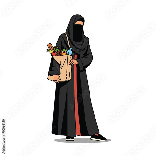 Woman in traditional Middle Eastern clothing holding a bag of colorful flowers