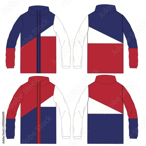 Standing Collar Winter Coat Technical Fashion Illustration. Quilted Puffer Jacket Vector Template. Cropped Silhouette. Horizontal Quilting. Welt Pockets. Relaxed Fit. Unisex Outerwear. CAD Mockup set.