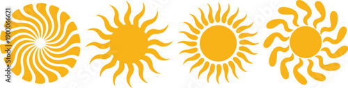 Four yellow sun icons with unique sunburst designs, vector illustration set, bright stylized summer symbols, decorative circular solar shapes