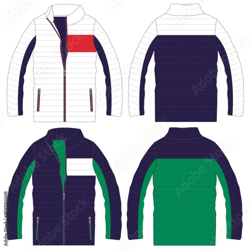 Standing Collar Winter Coat Technical Fashion Illustration. Quilted Puffer Jacket Vector Template. Cropped Silhouette. Horizontal Quilting. Welt Pockets. Relaxed Fit. Unisex Outerwear. CAD Mockup set.