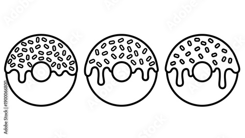 Donuts with sprinkles and glaze illustrated in a simple line art style, showcasing various stages of topping application