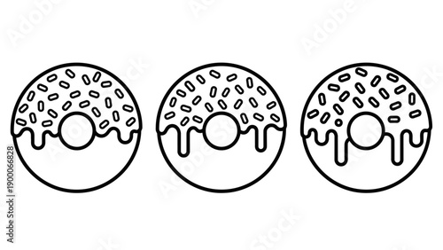 Illustration of three donuts with icing and sprinkles in a row from a front view