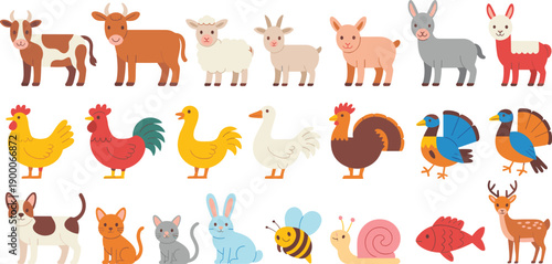 Farm and domestic animals cartoon vector set. Cute livestock, birds, pets and insects. Flat colorful animal collection for kids learning, education and children design.
