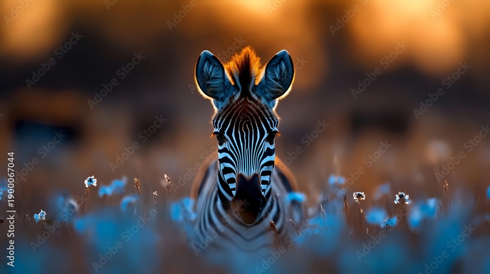 Fototapeta premium Young zebra foal portrait with distinctive black and white stripes emerging from blue wildflowers during golden hour sunset lighting in African savanna habitat.