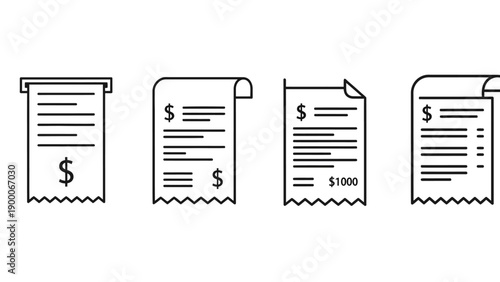 Financial documents illustration showcasing receipts with dollar signs from various viewpoints