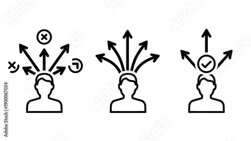 Illustration of human head silhouettes with arrows indicating thought processes and decision making from various viewpoints