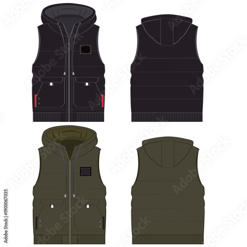 Standing Collar Winter Coat Technical Fashion Illustration. Quilted Puffer Jacket Vector Template. Cropped Silhouette. Horizontal Quilting. Welt Pockets. Relaxed Fit. Unisex Outerwear. CAD Mockup set.