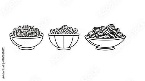 Three bowls filled with different types of food, possibly fruits or snacks, placed side by side on a plain white surface
