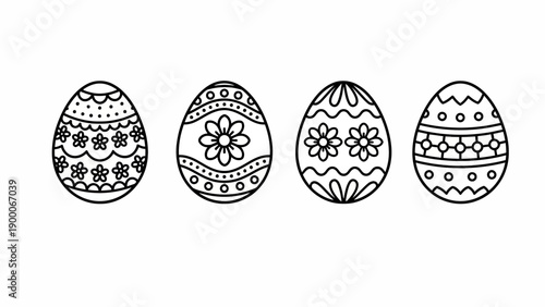 Four decorated Easter eggs with various patterns and designs are arranged in a row, showcasing unique artistic elements and intricate details in a simple black and white illustration.
