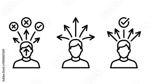 A simple black line illustration of three human heads with arrows and symbols indicating decision making and choice, viewed from the front.