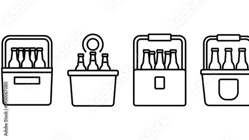 Four different coolers and a bucket containing bottles viewed from the front in a minimalist line art style