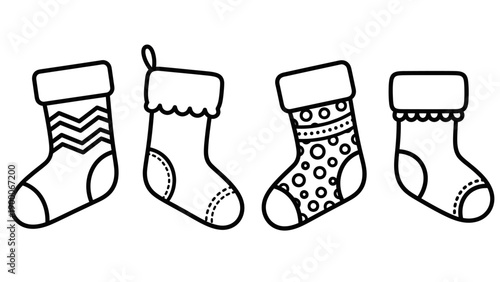 Illustration of four Christmas stockings with different patterns hanging by their cuffs in a row