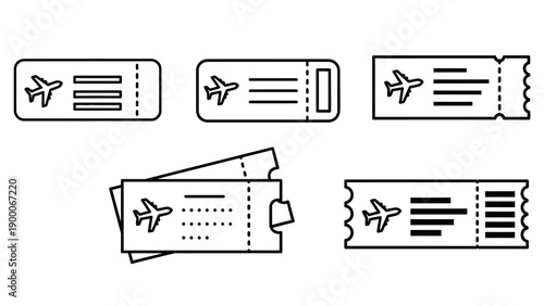 Collection of airline tickets and boarding passes with airplane icons, vector illustrations, travel documents, ticket stubs, and flight information