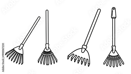 Illustration of various brooms and sweepers displayed together in a clean environment from a straightforward viewpoint
