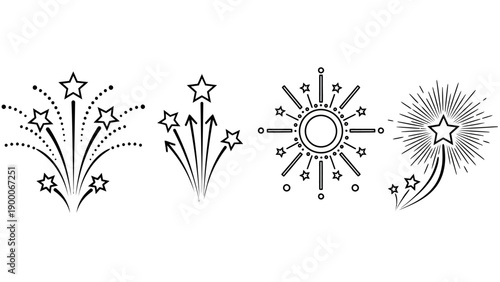 Vector illustration of fireworks and stars bursting in the night sky, creating a festive atmosphere with various designs and patterns.