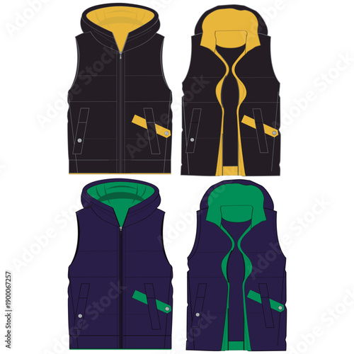 Standing Collar Winter Coat Technical Fashion Illustration. Quilted Puffer Jacket Vector Template. Cropped Silhouette. Horizontal Quilting. Welt Pockets. Relaxed Fit. Unisex Outerwear. CAD Mockup set.