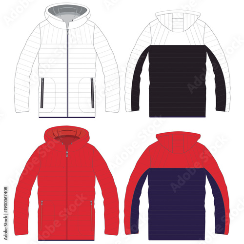 Standing Collar Winter Coat Technical Fashion Illustration. Quilted Puffer Jacket Vector Template. Cropped Silhouette. Horizontal Quilting. Welt Pockets. Relaxed Fit. Unisex Outerwear. CAD Mockup set.