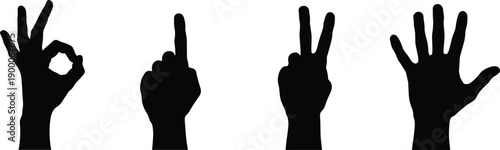 Hand gesture silhouettes showing OK sign, pointing finger, peace sign, and open palm, representing communication, signs, numbers, and expressions.