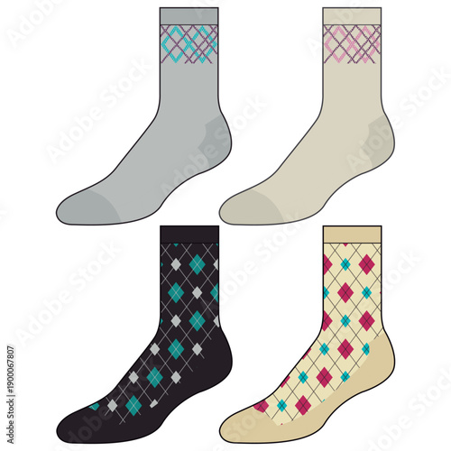 Socks technical drawing fashion design with silicone grip  sketch vector illustration template. Mock up cad drawing for unisex men's and women's football socks design.