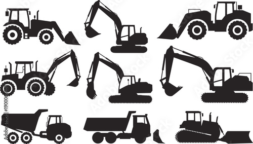 Heavy construction equipment silhouettes set featuring excavator bulldozer loader tractor dump truck industrial machinery isolated on white background