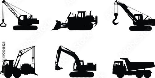 Heavy construction machinery silhouettes set, excavator bulldozer crane dump truck industrial vehicles isolated on white background illustration