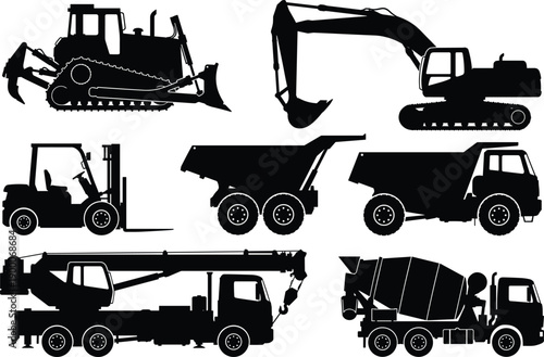 Heavy construction vehicle silhouettes set featuring bulldozer excavator dump truck crane forklift concrete mixer industrial machinery isolated