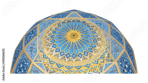 Looking directly up at the center of a massive mosque dome featuring intricate blue and gold tiles in a complex star pattern. No text.