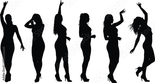 High heels woman silhouette poses, fashion standing gestures, expressive body language vector set, stylish lifestyle illustration, dynamic posture, model icons