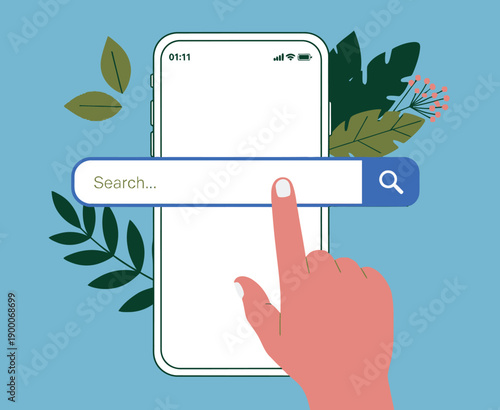 Cartoon hand taps a search bar on a smartphone screen surrounded by green leaves on a blue background, conveying a sense of inquiry and nature.