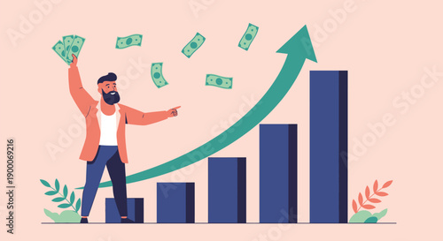 Illustration of a joyful man holding cash with ascending bar graph and upward arrow, symbolizing financial growth. Money bills float around him.