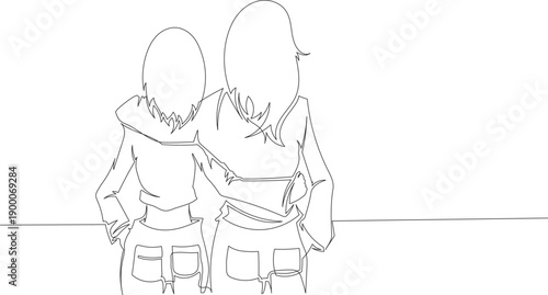 Continuous One Line Drawing of Two Women Standing Together with Arms Around Each Other eps10