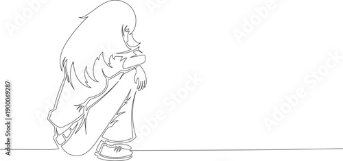 Continuous One Line Drawing of a Sad Woman Sitting Alone eps10