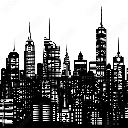 Modern City Skyline Silhouette Illustration with Tall Buildings and Urban Landscape