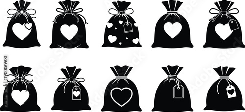 Black Heart Gift Sacks Vector Silhouette Set with Ribbons Tags and Bows for Valentine’s Day Romantic Wedding Party Favor Graphics
