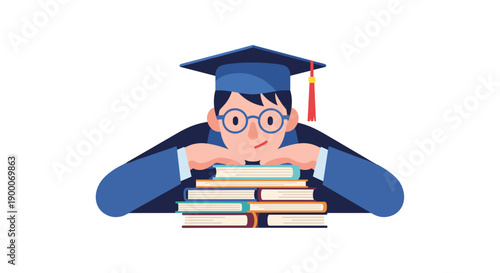Young male student wearing graduation cap thinking with books  