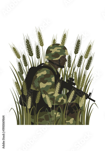 Soldier in camouflage uniform crouching in tall grass with weapon  