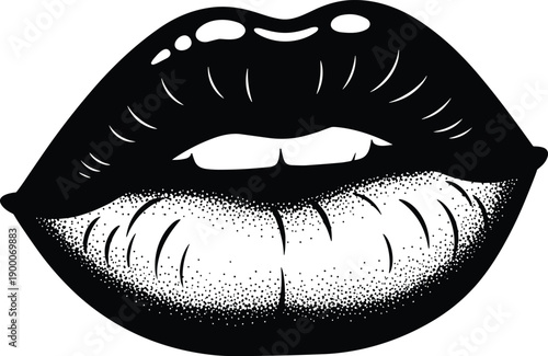 Black and white vector illustration of seductive female lips with stipple shading teeth and glossy highlights for fashion tattoo design