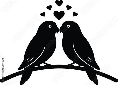 Black silhouette of two lovebirds perched on a branch with hearts, romantic avian illustration for Valentine's Day wedding and anniversary designs.