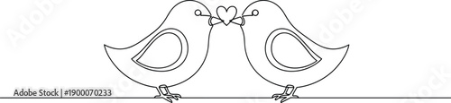 Continuous line drawing of two cute love birds sitting on a wire holding a heart symbol for valentines day romance