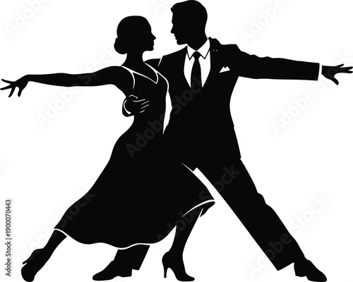 Elegant Ballroom Dance Silhouette Couple Performing Passionate Waltz or Tango in Formal Suit and Evening Dress for Professional Artistic Illustration