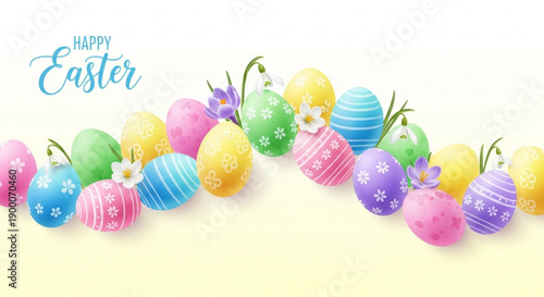 Colorful easter eggs with flowers on white background with happy easter text