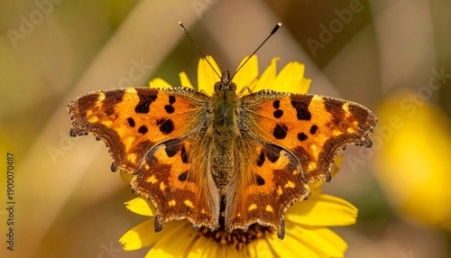 Comma Butterfly on Yellow Flower - A Detailed Close-Up.
