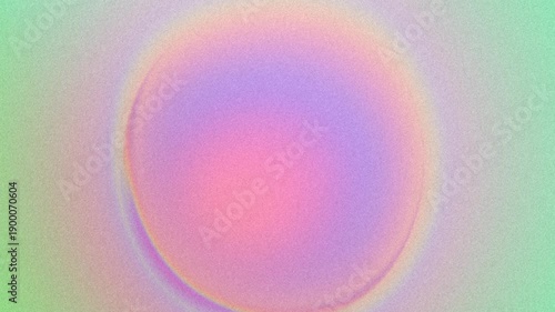 Grainy abstract iridescent background with fluid moving circle frame in center. Bubble shape on pastel rainbow gradient backdrop in light green, orange, yellow, pink, pale purple. Holographic texture