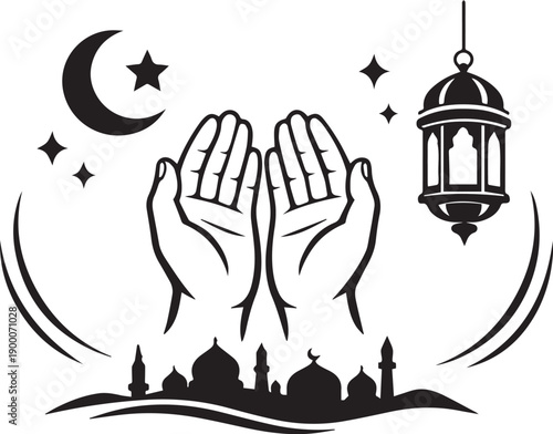 Ramadan vector illustration, hands raised for dua, prayer hands monajat, islamic supplication, ramadan lantern, crescent moon, minimal flat vector style, line illustration, isolated on white backgroun